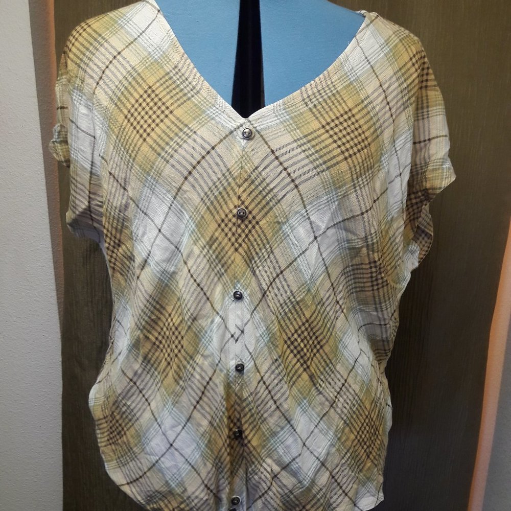 Christopher & Banks XL Top Cream, Lt Green, Lt Orange, Brown Plaid